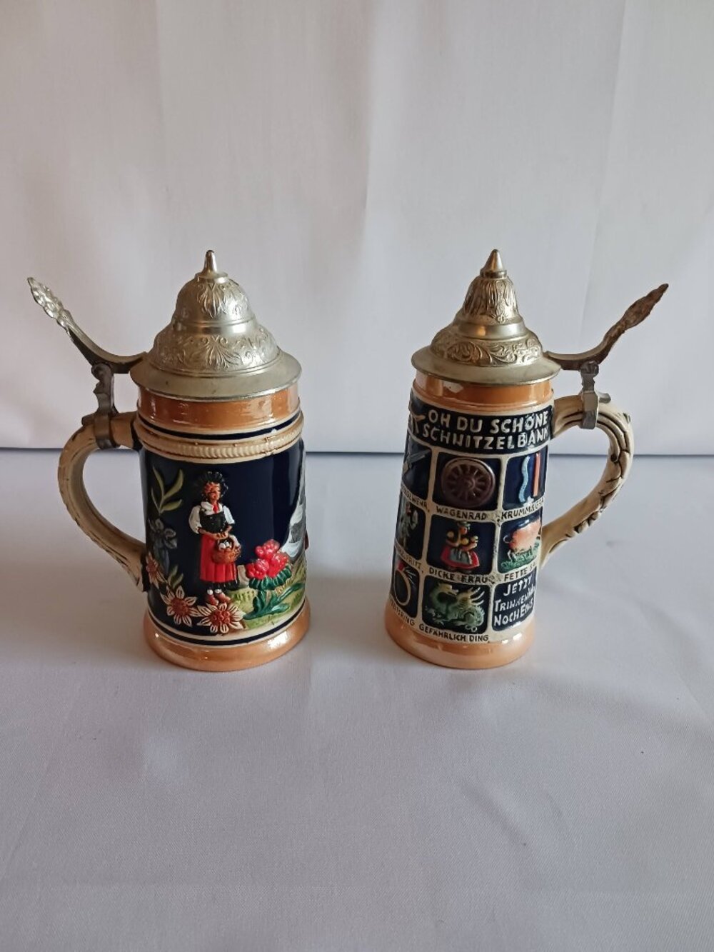 Lot of 2 Stoneware German Beer Steins W/Pewter Lids